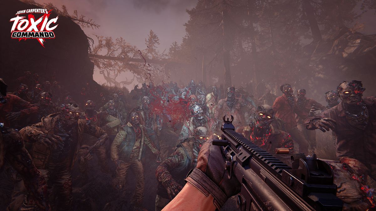 a first-person screenshot of a person with a submachine gun facing a horde of zombies in John Carpenter’s Toxic Commando