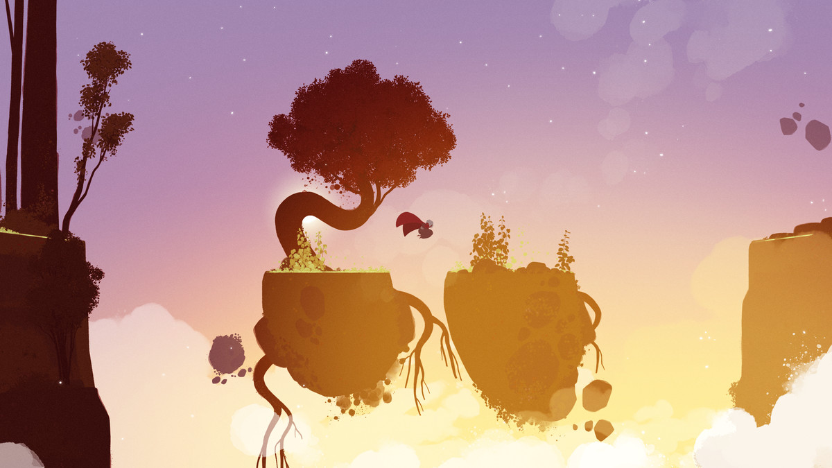 Une belle image de la Neva, mettant en vedette un personnage sautant de rocher flottant en rocher, avec un ciel peint dans des tons de rose, violet et jaune.