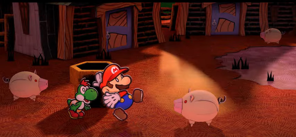Бумажный Марио и Бумажный Йоши в шоке отпрыгивают назад перед злой Бумажной Свинкой в ​​ремейке Paper Mario: The Thousand-Year Door.