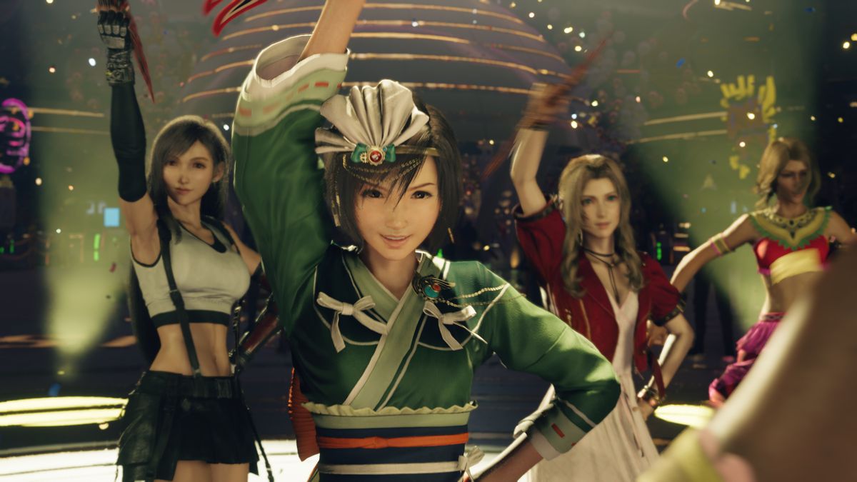 Tifa, Yuffie och Aerith dansar i en scen från Final Fantasy 7 Rebirth