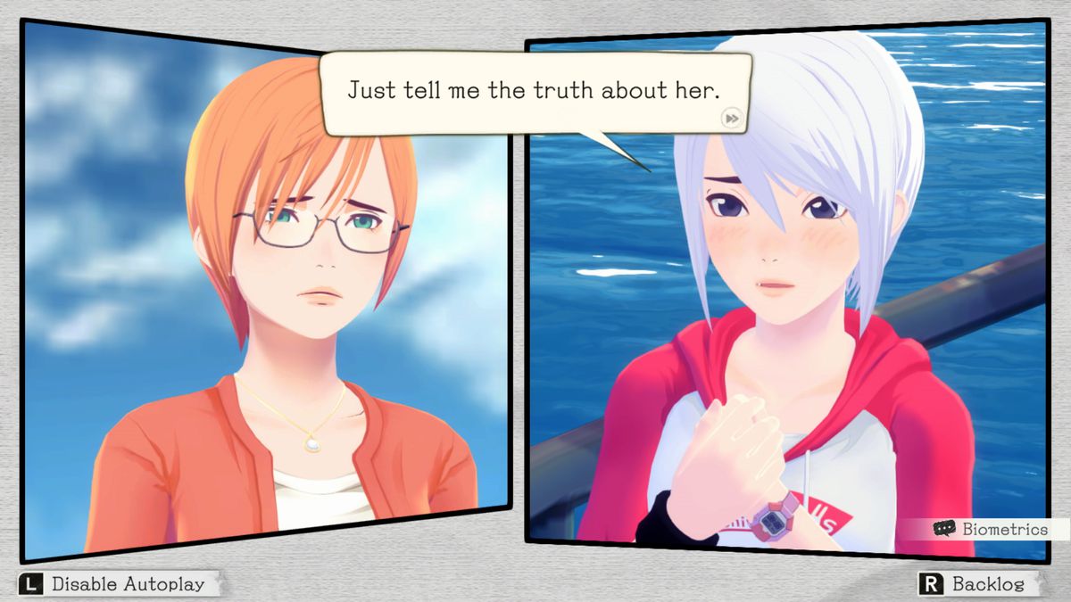 In a screenshot from Another Code: Recollection, two people talk to each other from individual squares like a comic panel. One, with white hair, says “Just tell me the truth about her.”