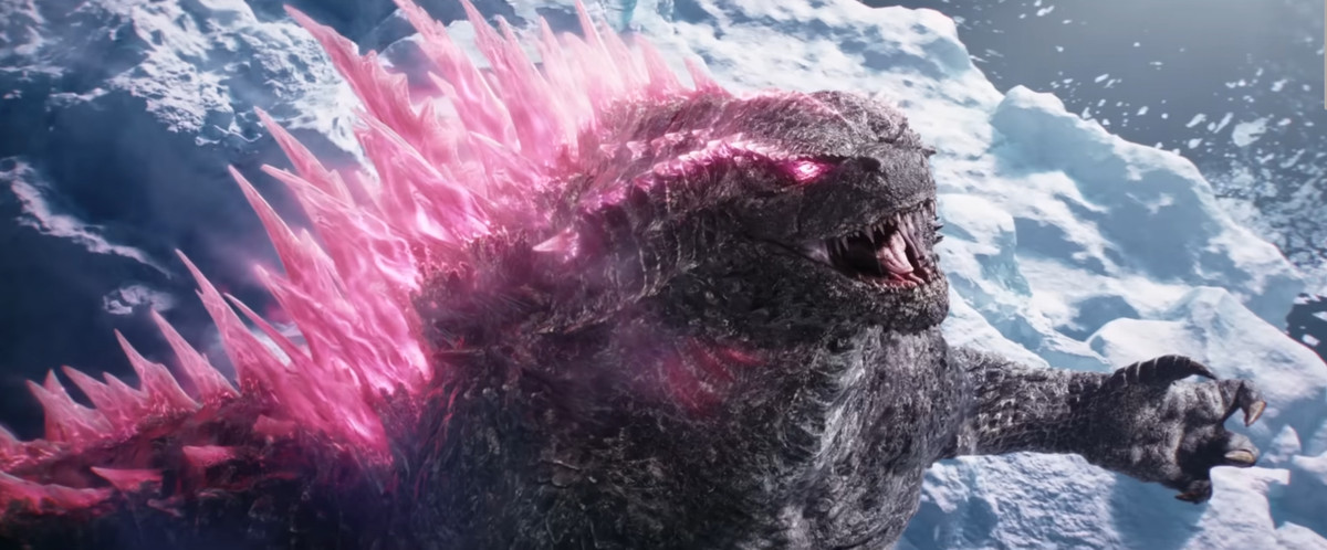 Godzilla roars toward the sky with a pink spine in Godzilla x Kong: The New Empire