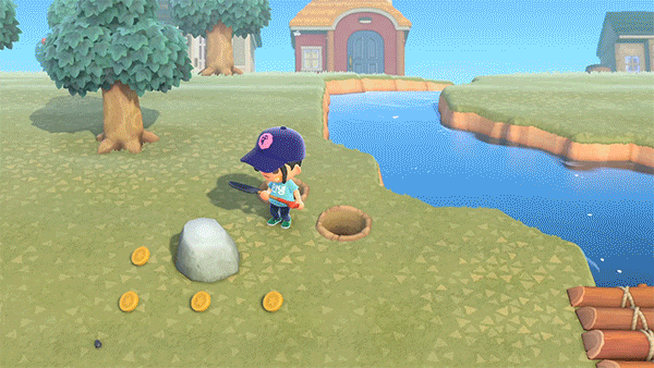 GIF ของตัวละคร Animal Crossing ที่กำลังชนก้อนหินและมีกระดิ่งเด้งออกมา