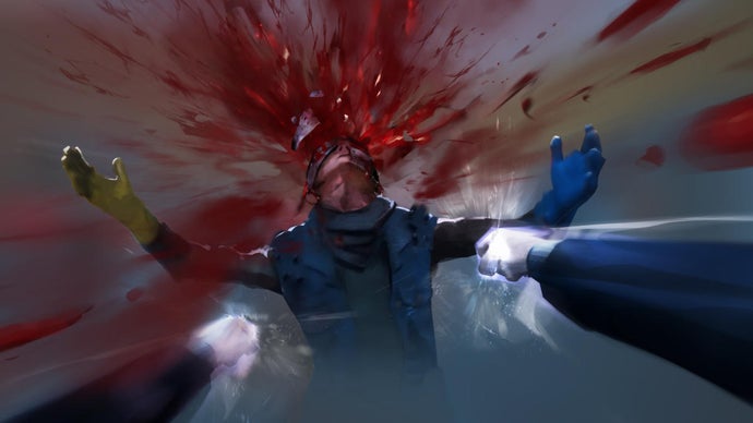 Obraz promocyjny gry Vampire: The Masquerade – Bloodlines 2 przedstawiający krew tryskającą z głowy wroga, gdy gracz patrzy na nią z perspektywy pierwszej osoby.