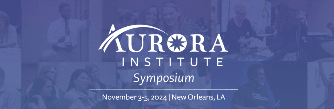 Aurora Institute Symposium 2024 logo with purple photos of people