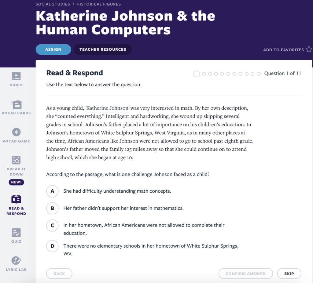 Aktywność Katherine Johnson „Czytaj i odpowiadaj”.