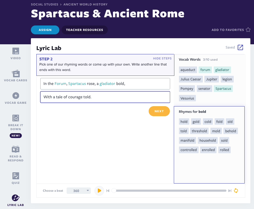 Aktivitas Lyric Lab pelajaran Spartacus & Roma Kuno