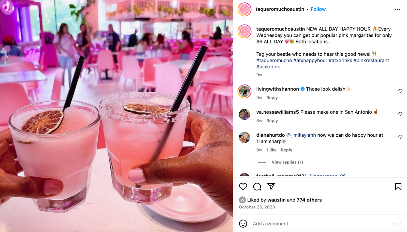 Idées marketing pour les restaurants : Taquero Mucho, basé à Austin, insuffle sa signature rose dans tout, de ses tables et chaises à manger à ses margaritas.