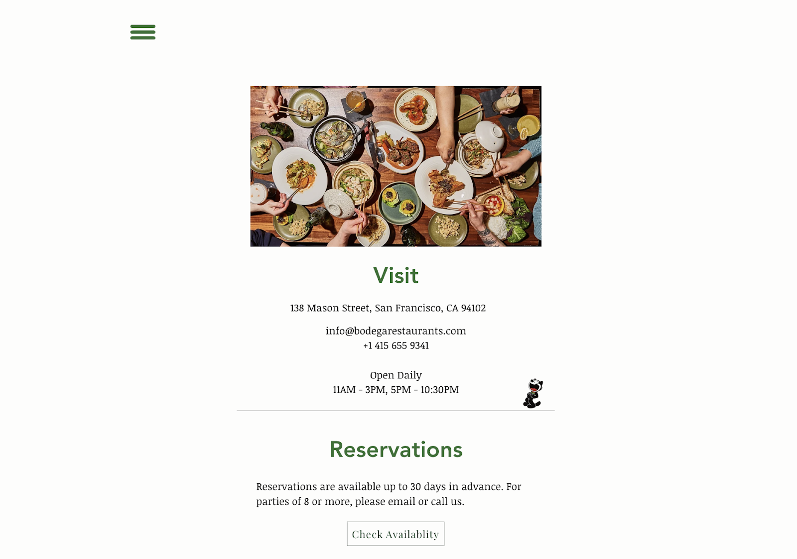 Ideje za trženje restavracij: preprosto spletno mesto za restavracijo Bodega v San Franciscu. Spletna stran vsebuje kontaktne podatke, delovni čas in povezavo za rezervacijo.