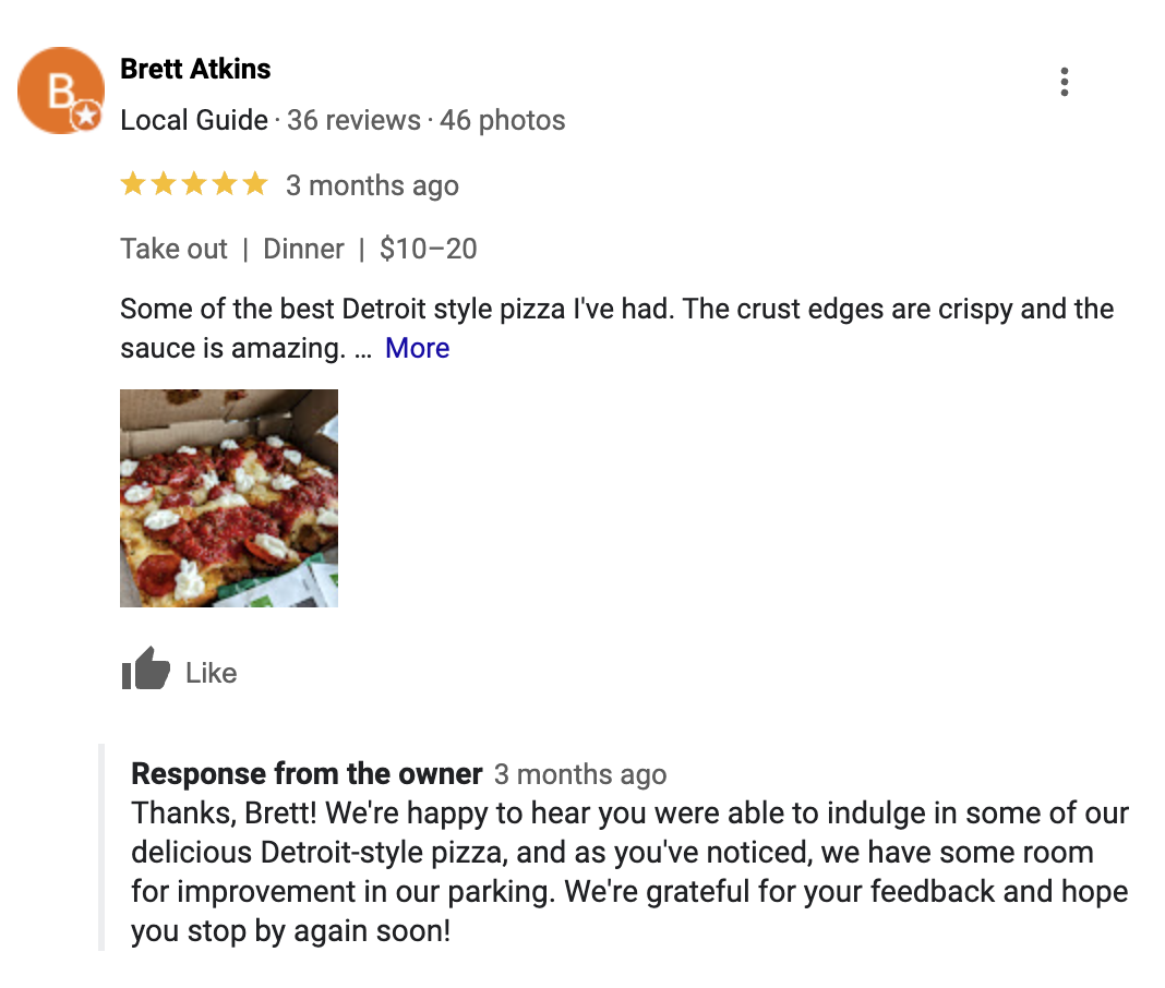 रेस्तरां विपणन विचार: Via 313 के लिए एक पांच सितारा Google समीक्षा जिसमें व्यवसाय स्वामी की प्रतिक्रिया शामिल है।