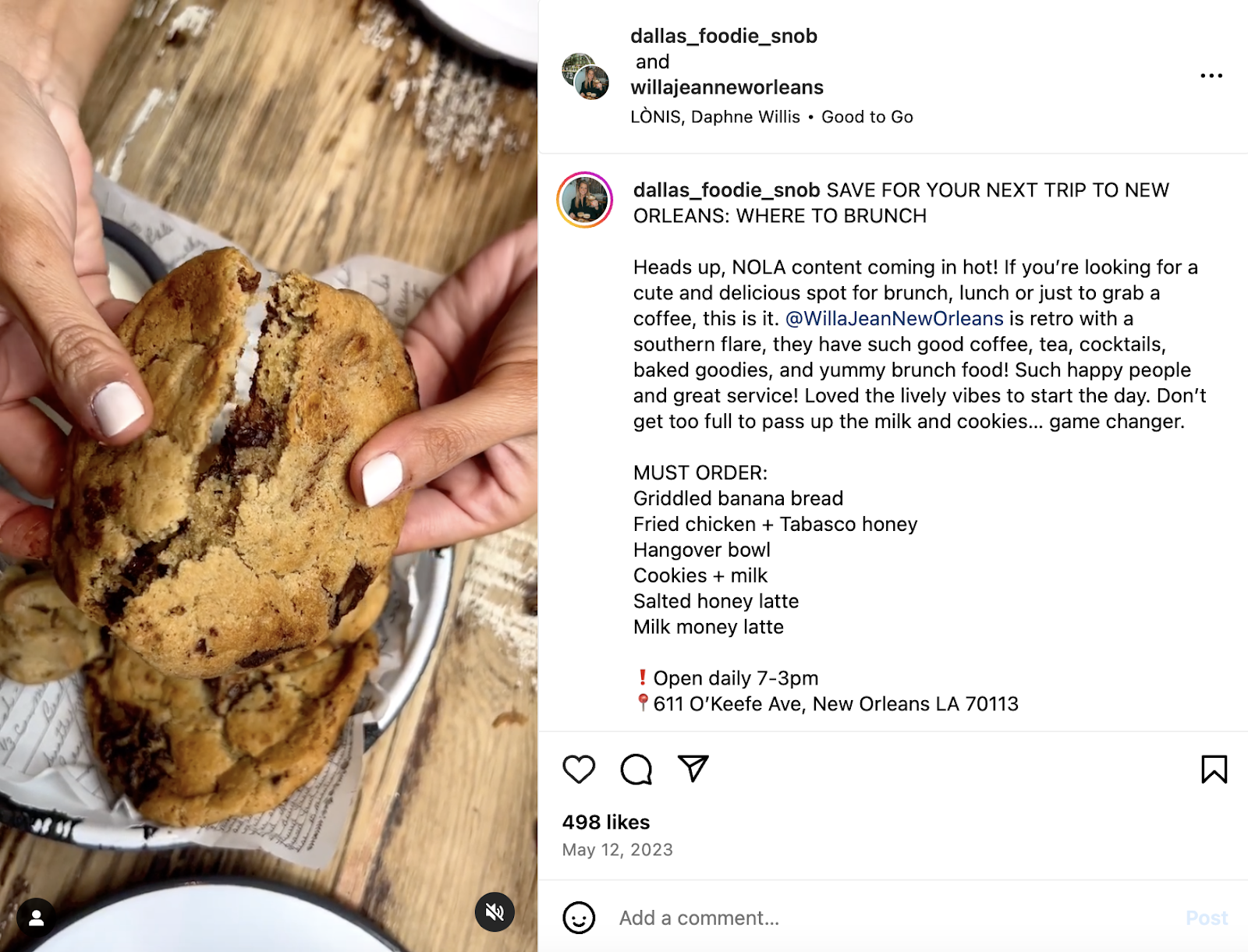 Kreative Marketingideen für Restaurants: Ein Influencer-Beitrag, den Willa Jean, ein Restaurant aus New Orleans, auf seiner Instagram-Seite erneut geteilt hat.
