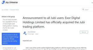 Jubi on ametlikult muutunud digitaalsete varade kauplemisplatvormiks Joy Universe.