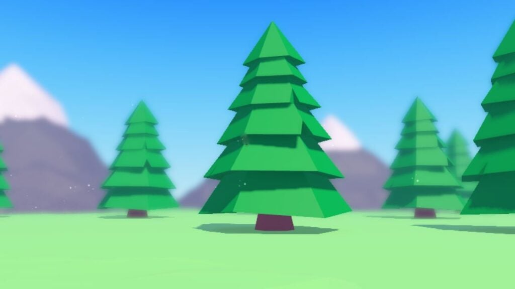 Feature image for our UGC Don't Move codes guide. It shows the game environment, with some pine trees and mountains in the background.