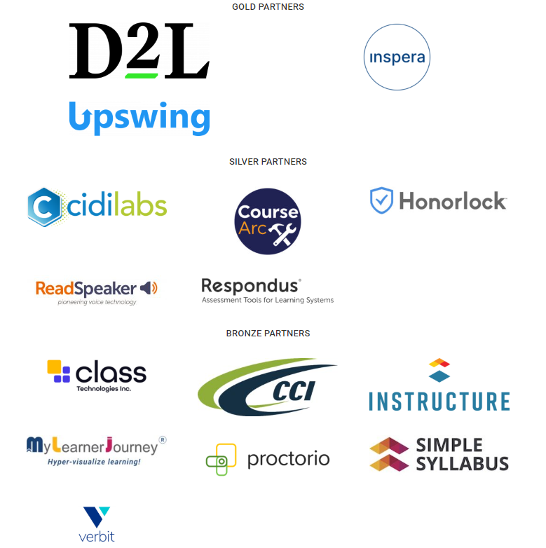 2024. aasta TxDLA sponsorid: D2L, Inspera, Upswing, Cidilabs, CourseArc, Honorlock, ReadSpeaker, Respondus, Class Technologies, CCI, Intructure, MyLearner Journey, Proctorio, Simple Syllabus ja Verbit
